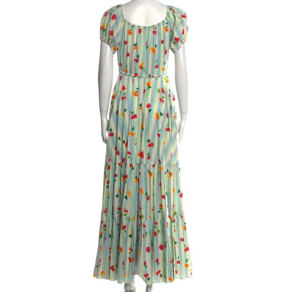 Caroline Constas Bardot Tiered Maxi Long Dress XS Green Stripe Floral Puff - Picture 3 of 5